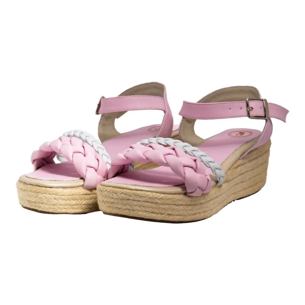 NIB Two Pretty Girls Pink & White Braided Espadrille Wedge Sandal